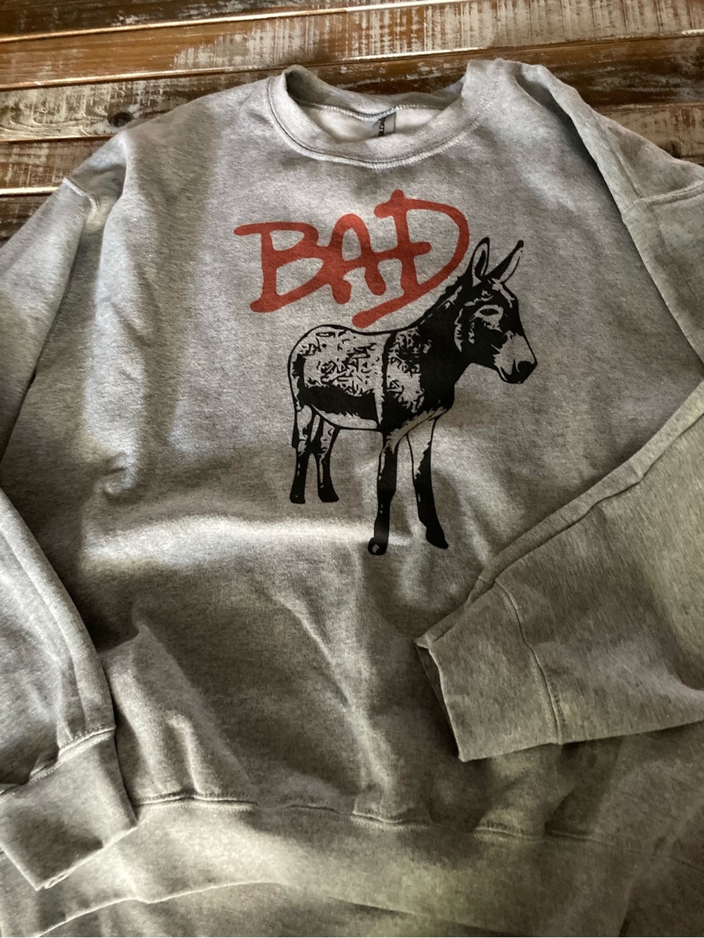 Gildan Gray Crewneck Sweatshirt with Red 'BAD' Script and Black Donkey Graphic
